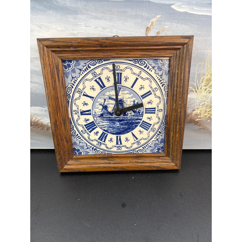 Vintage Bosman Delft's Blauw Holland Windmill Tile Wall Clock Oak Wood Frame
